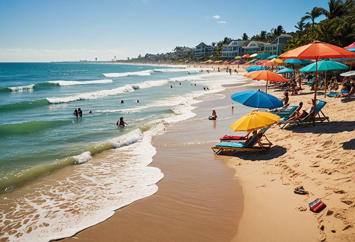 A stylish beach scene showcasing diverse individuals in trendy beach attire, relaxing under colorful umbrellas while subtly interacting with financial elements like sailing boats made of dollar bills and sandcastles shaped like bank buildings. The ocean waves in the background gently lap against the shore, creating a harmonious blend of leisure and finance. vibrant colors. super-realistic.